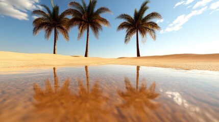 Fototapeta premium A desert oasis with palm trees and a clear blue sky, painted in a surreal, dream-like style.