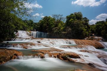 overview of cascading waterfalls at Aqua Azul, Mexico