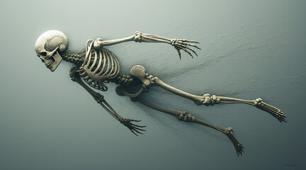 Realistic Skeleton Model Swimming Underwater with Dramatic Lighting and Shadow Effects