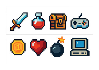 Retro gaming pixel art icons set – vintage, arcade style, classic symbols