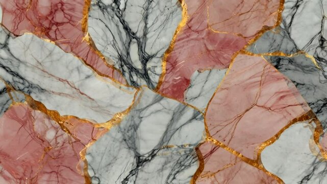 An elegant abstract pattern featuring blush pink and white marble fragments bonded together by shimmering, liquid gold 4K