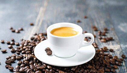 Fototapeta premium Aromatic Espresso Coffee in White Cup Surrounded by Roasted Beans