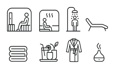 Spa and sauna line icons set – outline, wellness, relaxation symbols