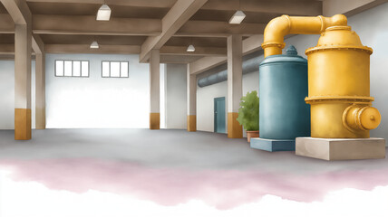 Industrial warehouse interior with large yellow and blue machinery, concrete pillars, and soft natural light creating calm atmosphere inside spacious building