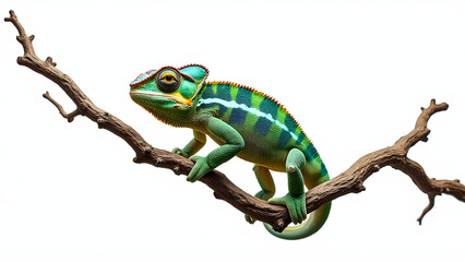 Realistic chameleon perched naturally on dry branch with vibrant green and blue colors showing detailed skin texture and sharp eyes