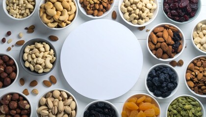 Obraz premium Assorted Nuts and Dried Fruits in Bowls Healthy Snack Food Top View