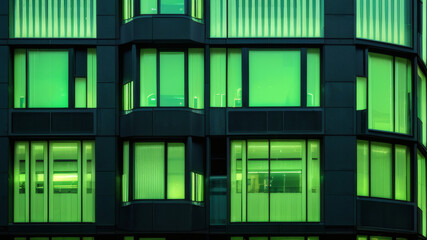 Modern Building Facade with Green Illuminated Windows at Night