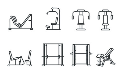Fitness equipment line icons set – gym, workout, exercise symbols