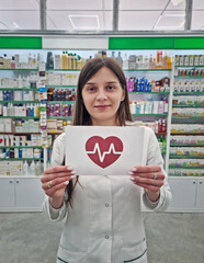 Woman medical worker or pharmacist holding a paper with a heart symbol and an electrocardiogram...