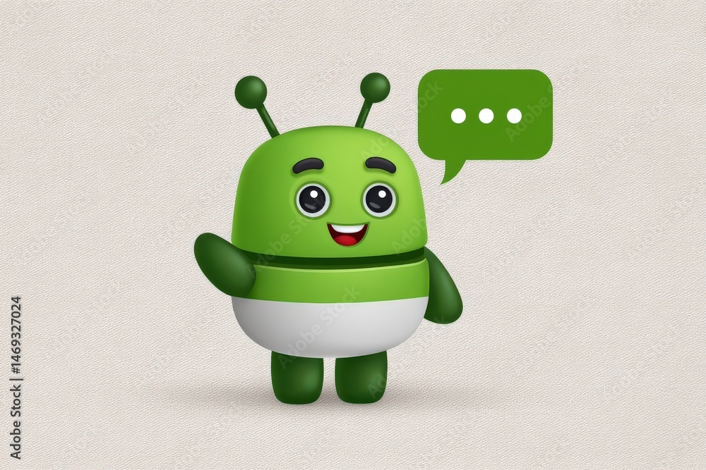 Poster cheerful green alien cartoon character expressing friendliness with a speech bubble symbolizing comm