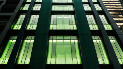 Modern Building Facade with Green Illuminated Windows at Night