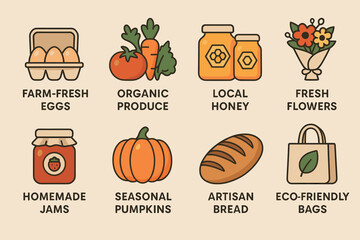 Farmers market icons set – flat, filled, organic food and fresh produce symbols
