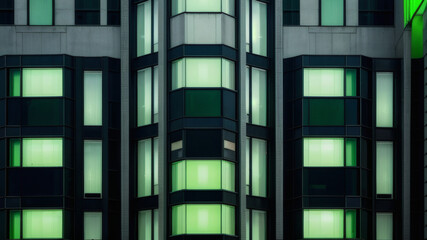 Fototapeta premium Modern Building Facade with Green Illuminated Windows at Night