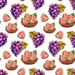 Guava Slices and Grapes Seamless Pattern with Flowers. Tropical Fruit and Floral Vector Background