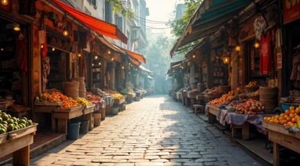 Naklejka premium Clean Open-Air Market Scene with Worn Stones and Colorful Goods