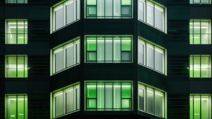 Modern Building Facade with Green Illuminated Windows at Night