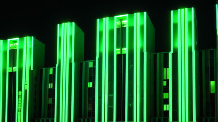 Fototapeta premium Modern Building Facade with Green Illuminated Windows at Night
