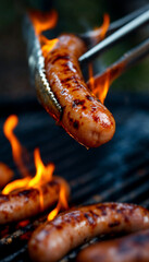 A close-up shot of a browned sausage with grill marks, held by metal tongs over a flaming grill, with vivid orange and yellow flames and other sausages in the background.