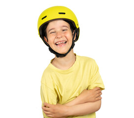 Child wearing cyclist safety yellow helmet over isolated white background happy face smiling with crossed arms looking. Positive person.