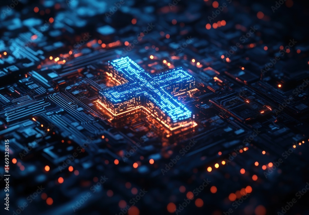 Poster futuristic data visualization with neon cross shape on circuit board in darkened background