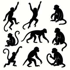 Obraz premium Playful Monkey Silhouettes in Jungle, Vector Climbing, Swinging, Sitting, Tail Holding - Black on White Background