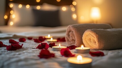 Cozy bedroom setting with candles and rose petals on the bed, evoking romance and relaxation. The scene is illuminated by warm, inviting light, and features rolled towels.