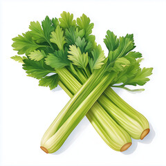 Fresh green celery stalks with leafy tops arranged on white background, showcasing crisp texture and vibrant color of this healthy vegetable