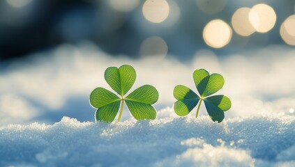 Two vibrant shamrocks emerge from snow, bathed in sunlight