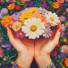 Pair of hands gently holding colorful bouquet of daisies and wildflowers, surrounded by vibrant floral background, evoking warmth and natural beauty