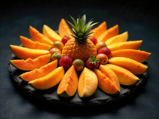 An artfully arranged fruit platter with cantaloupe, pineapple, and strawberries on a dark plate.