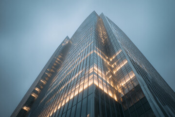 Obraz premium Low-angle view of a modern glass skyscraper at dusk, illuminated from within, showcasing architectural design and urban setting