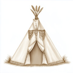 Detailed sepia illustration of traditional teepee with decorative feathers and fringes, surrounded by grass, evoking calm and rustic atmosphere