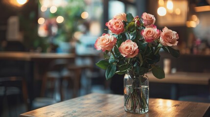 A stunning bouquet of pink roses elegantly displayed on a rustic wooden table in a softly lit interior setting. The roses radiate beauty and charm, creating a warm and inviting atmosphere