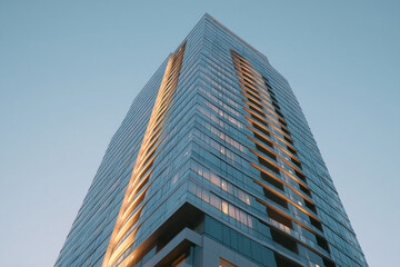 Fototapeta premium Low-angle view of a modern glass skyscraper at dusk, showcasing illuminated windows and architectural design, representing urban development and modern architecture