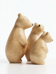 Three cute wooden polar bear figurines, side view, white background, high-resolution photography.