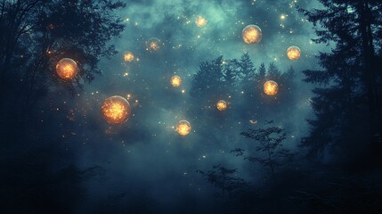 cool light orbs in a misty forest background