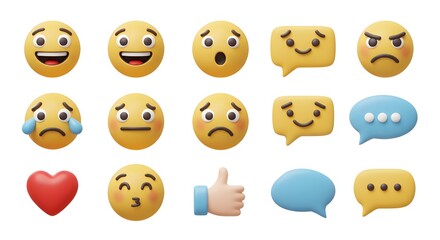 Fototapeta premium Yellow 3D Emoticons and Social Media Reactions | Collection of Expressions for Digital Communication, Feedback and Marketing