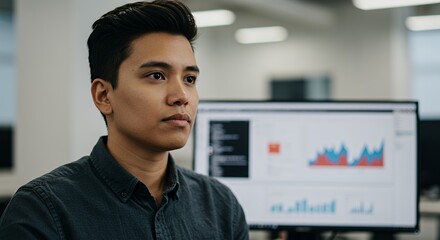 Focused Young Man Analyzing Data on Computer Screen in Modern Office