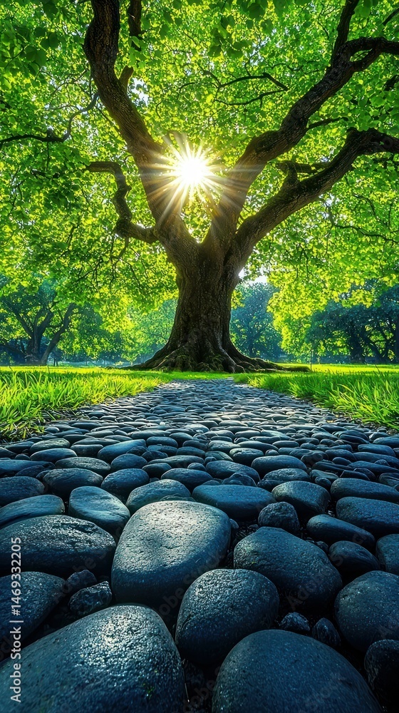Poster sunlight filters through lush tree in a tranquil park path