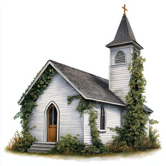 Small white wooden church with tall steeple and cross, surrounded by green ivy and bushes, showcasing rustic charm and peaceful rural architecture