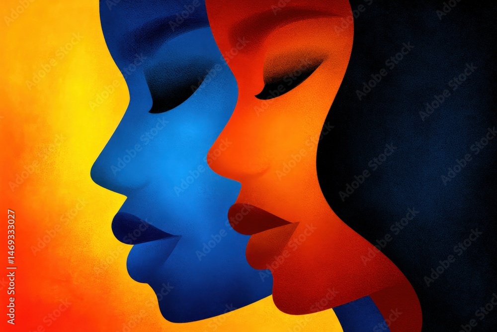 Poster two vivid profiles highlighted in contrasting colors of blue and orange symbolize unity and diversit
