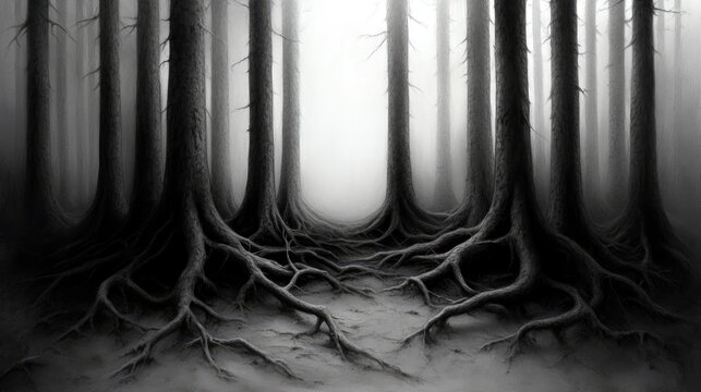 A forest with towering trees and a distant waterfall, in a detailed, realistic pencil drawing style.