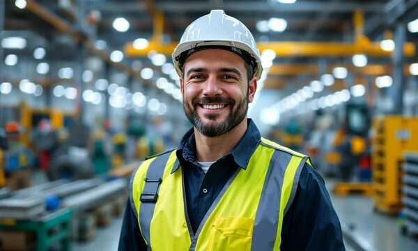 Smiling Factory Worker in Hard Hat and Safety Vest