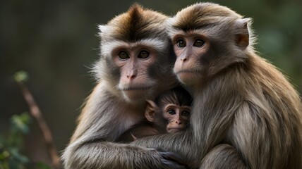 Obraz premium Monkey Family Portrait: A tender moment captured, a monkey family embraces in their natural habitat, the parent monkey's protectively holding their baby, capturing the essence of family bond.