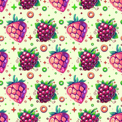 Seamless vector pattern with bright pink raspberries, purple blackberries, and colorful decorative circles and stars on a light background