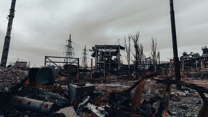 ruined street and destroyed houses the city war in Ukraine