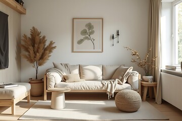 Neutral Living Room with Linen Sofa and Minimalist Decor, Inviting and Serene Space.                                                                  
