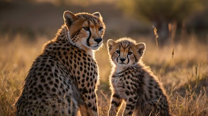 Naklejka premium Cheetahs' bond: A tender depiction of two cheetahs, a mother and her cub, basking in the warm glow of the setting sun, showcasing the powerful bond of family in their natural habitat.