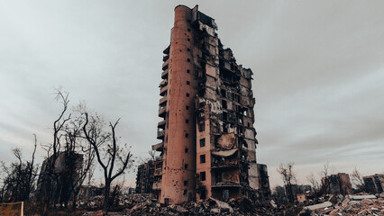 ruined street and destroyed houses the city war in Ukraine