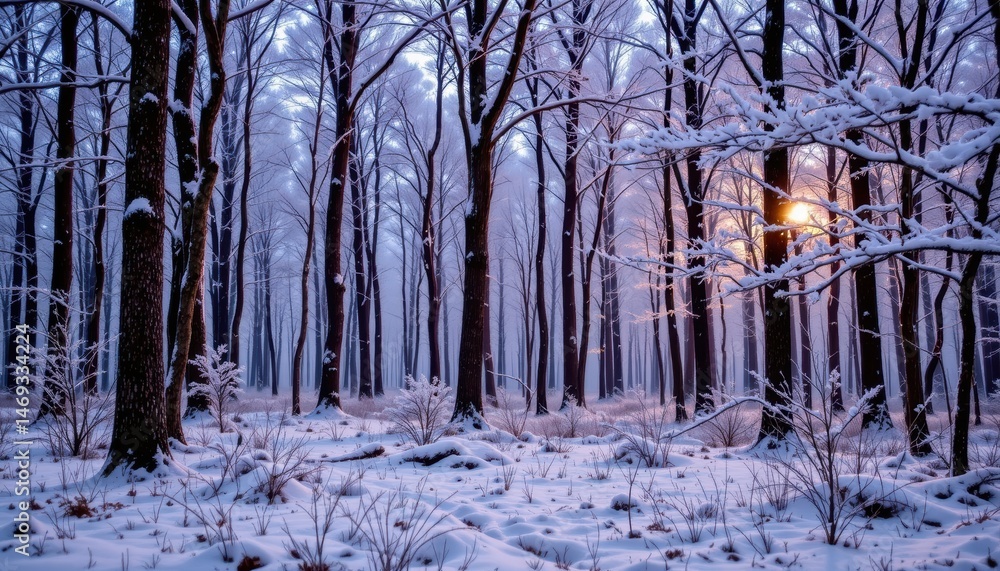 Poster serene winter forest with snow covered trees and soft sunlight filtering through branches